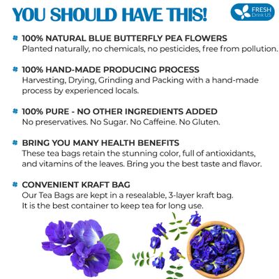 FreshDrinkUS, Premium 100 Blue Butterfly Pea Flowers Tea Bags, 100% Natural and Pure from Butterfly Pea Flowers, Made With Natural Material Tea Bag, No Sugar, No Caffeine, No Gluten, Vegan