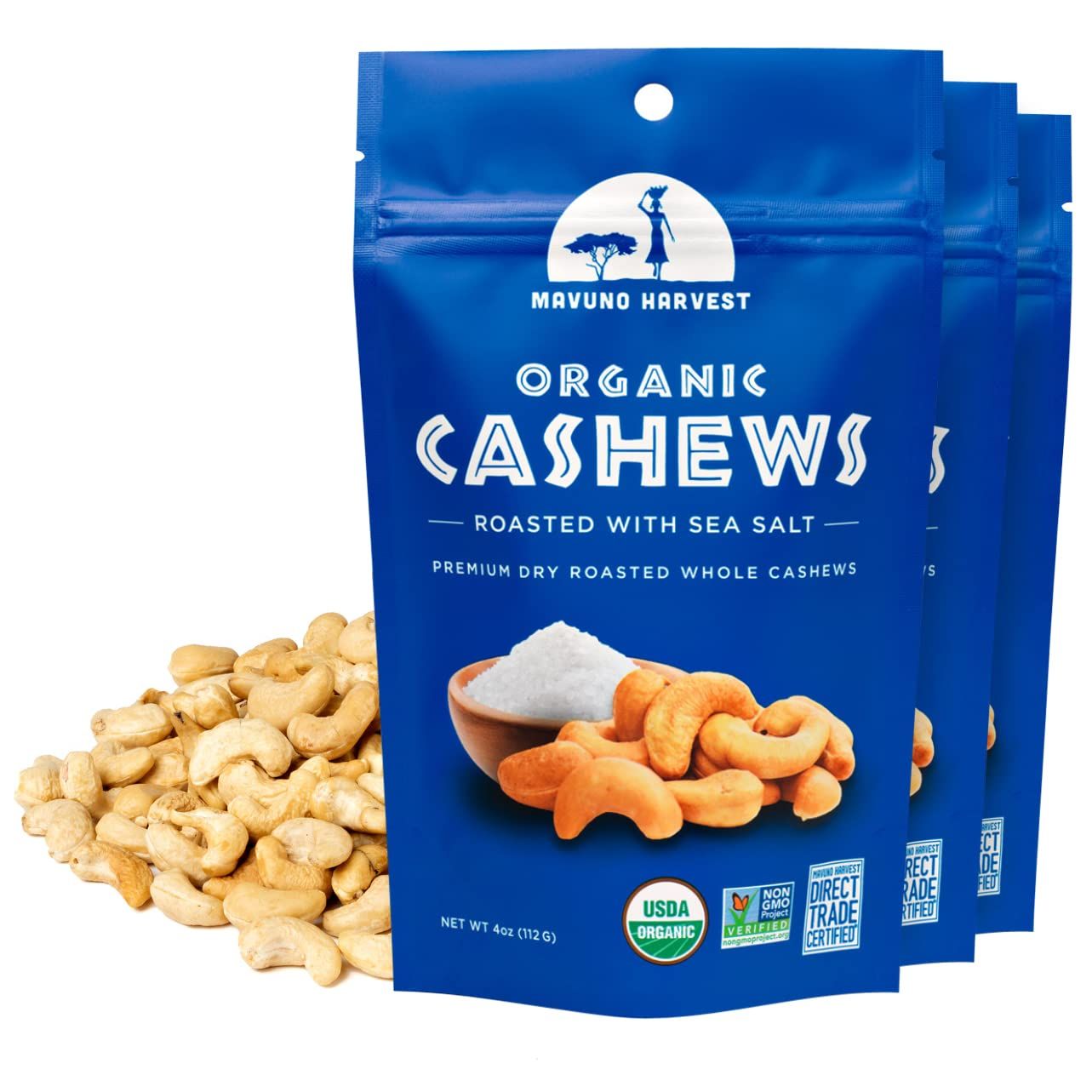 Mavuno Harvest Organic Roasted Cashews with Sea Salt | Dry Roasted Whole Cashew Nuts | Vegan, Non GMO Healthy Snacks for Kids and Adults | Office Friendly Work Snack | 4 Ounce, Pack of 3