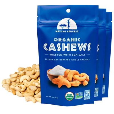 Mavuno Harvest Organic Roasted Cashews with Sea Salt | Dry Roasted Whole Cashew Nuts | Vegan, Non GMO Healthy Snacks for Kids and Adults | Office Friendly Work Snack | 4 Ounce, Pack of 3