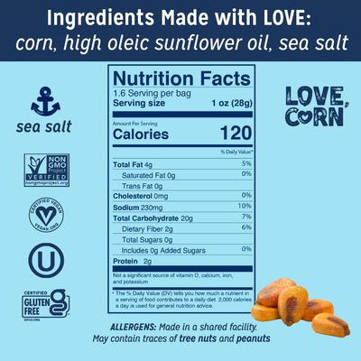 LOVE CORN Sea Salt 1.6oz x 10 Bags - Delicious Crunchy Corn - Healthy Family Snacks - Gluten Free, Kosher, NON-GMO - Alternative for Chips, Nuts, Crackers &amp; Pretzels - Perfect for Charcuterie Boards