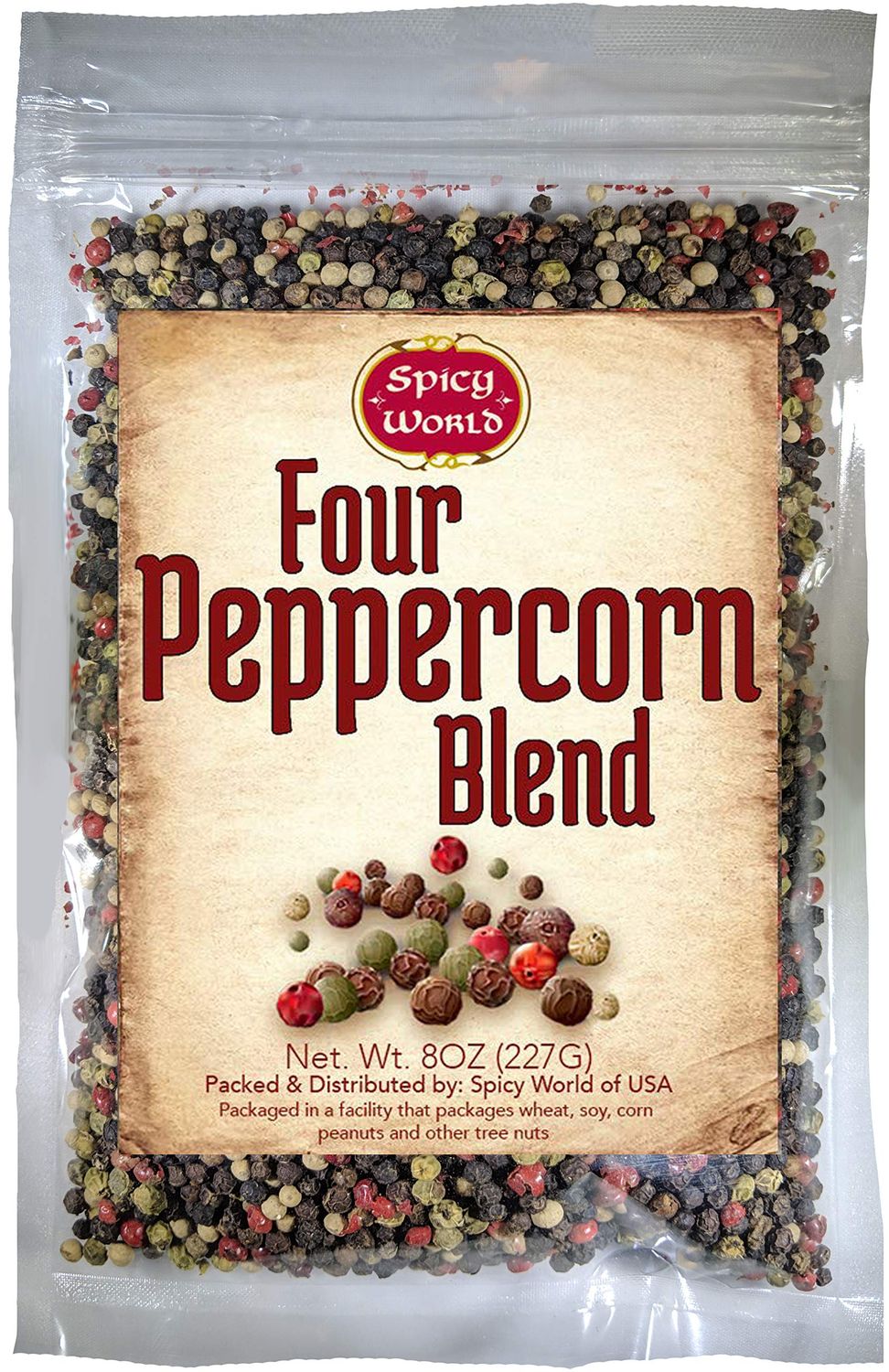 Spicy World Four Peppercorn Rainbow Blend in Resealable Bag - Perfect Flavor Blend - NON-GMO, Steam Sterilized - Whole Black, Whole Green, Whole White &amp; Whole Pink Peppercorns, 8 Oz