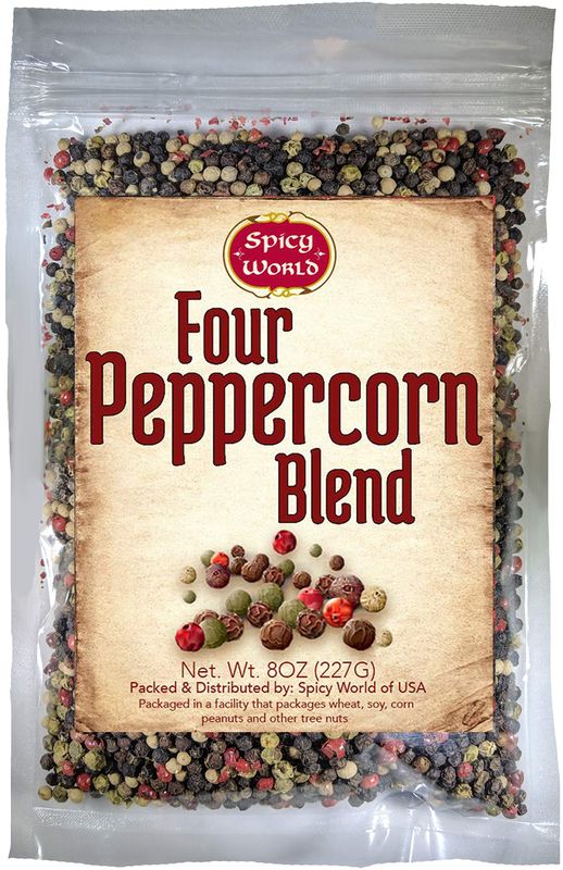 Spicy World Four Peppercorn Rainbow Blend in Resealable Bag - Perfect Flavor Blend - NON-GMO, Steam Sterilized - Whole Black, Whole Green, Whole White &amp; Whole Pink Peppercorns, 8 Oz