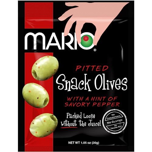 Mario Camacho Foods Pitted Snack Olives - Green Olives with a Hint of Pepper - 1.05 oz Pouches (Pack of 12)