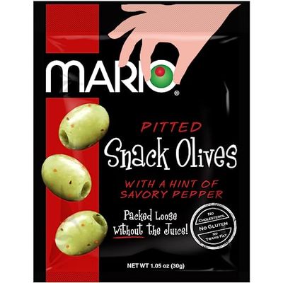 Mario Camacho Foods Pitted Snack Olives - Green Olives with a Hint of Pepper - 1.05 oz Pouches (Pack of 12)