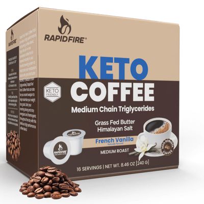 Rapidfire French Vanilla Ketogenic High Performance Keto Coffee Pods, Supports Energy &amp; Metabolism, Weight Management, Single Serve K Cup, Brown, 16 Count