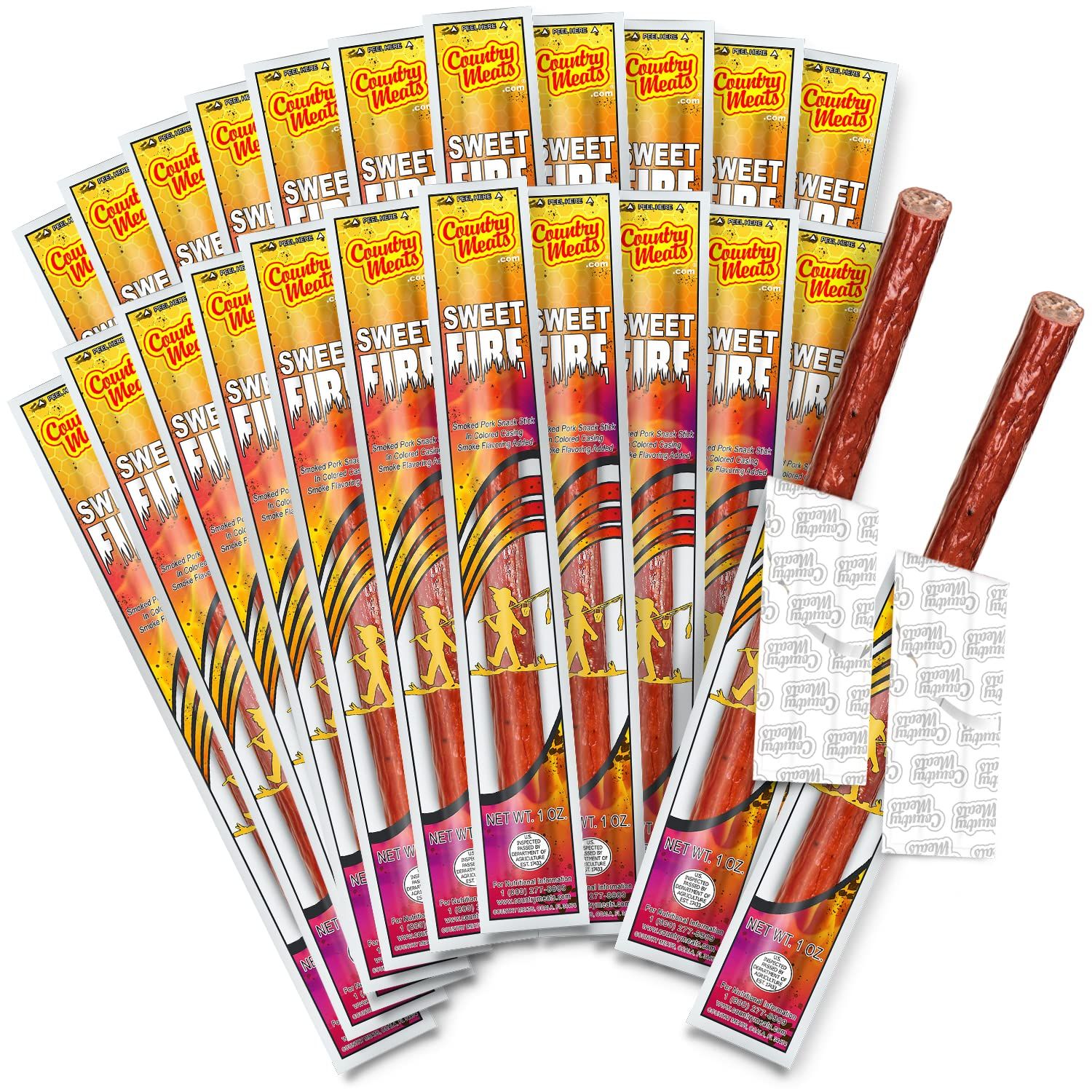 Country Meats, Meat Sticks, 0 Trans Fat, USDA Certified, Good Source of Protein, Carb Conscious Snack (24 Meat Sticks, Sweet Fire)