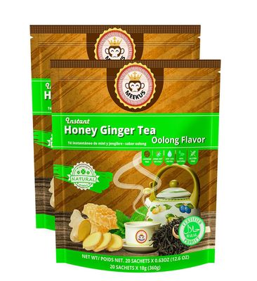 Meekus Ginger Tea with Honey: Premium Ginger Tea Bags &amp; Honey Ginger Crystals - Instant Honey Ginger Tea Packets for Soothing Drink, 18g x 40 Sachets (Oolong Tea Flavor, 2 Packs)
