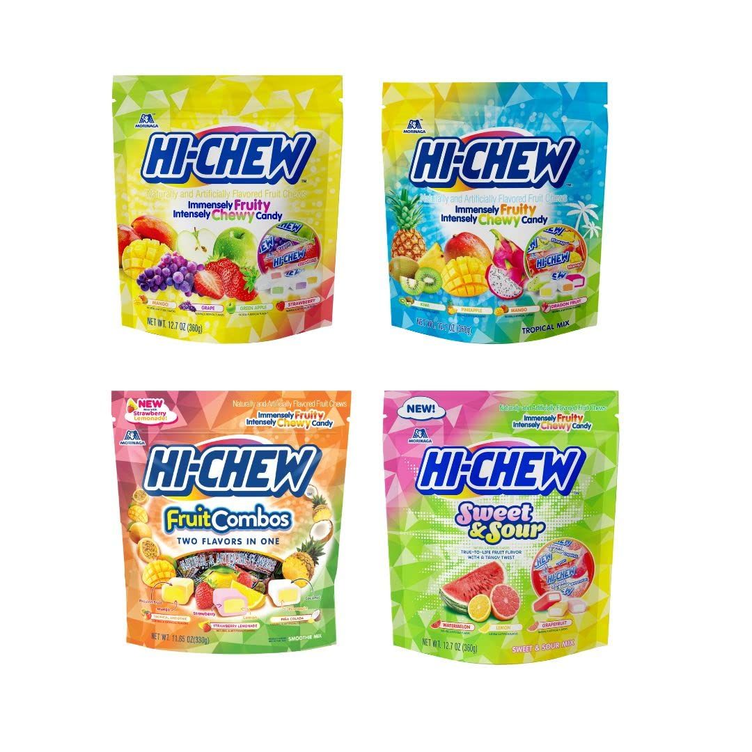 HI-CHEW Variety Pack, 4 Stand Up Pouches | Original Tropical Fruit Combos Sweet &amp; Sour | Unique Fun Soft &amp; Chewy Taffy Candy | Immensely Juicy Exotic Fruit Flavors | Individually Wrapped for Sharing