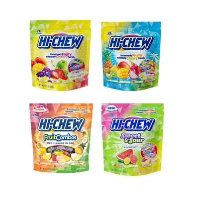 HI-CHEW Variety Pack, 4 Stand Up Pouches | Original Tropical Fruit Combos Sweet &amp; Sour | Unique Fun Soft &amp; Chewy Taffy Candy | Immensely Juicy Exotic Fruit Flavors | Individually Wrapped for Sharing
