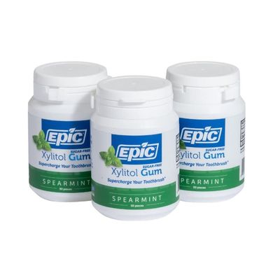Epic Xylitol Chewing Gum - Sugar Free &amp; Aspartame Free Chewing Gum Sweetened w/Xylitol for Dry Mouth &amp; Gum Health (Spearmint, 50-Piece Bottle, 3 Bottles)