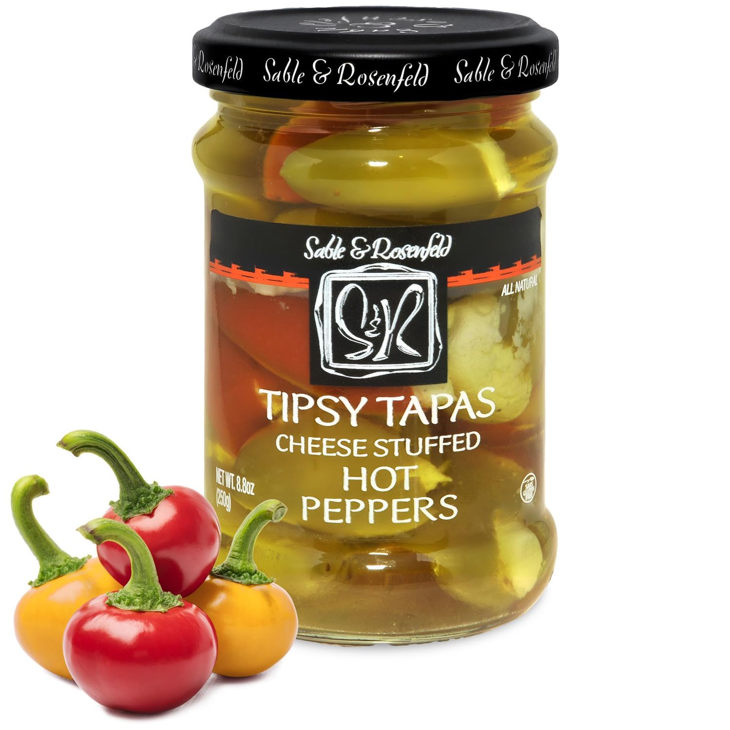 Tipsy Tapas Cheese Stuffed Hot Peppers - Gluten-Free Hot Stuffed Peppers with Cream Cheese for Sandwiches, Appetizers - Sable &amp; Rosenfeld, 8.8 Oz, Pack 1