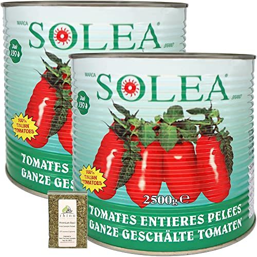 Solea, Italian Whole Peeled Tomatoes, Imported From Napoli, Italy, Kosher, Can (Metal Recycles Forever), (5.51 lbs) 88.18 oz (Pack of 2) + Includes-Free Rhino Fine Foods Premium Basil Leaves.071 oz