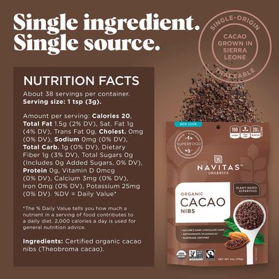 Navitas Organics Cacao Nibs, 4 oz. Bag, 38 Servings - Organic, Non-GMO, Fair Trade, Gluten-Free