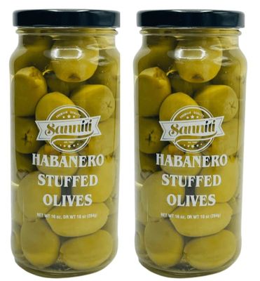 Sanniti Habanero Stuffed Greek Olives, Net Weight 16 oz - Drained Weight 10 oz (Pack of 2)