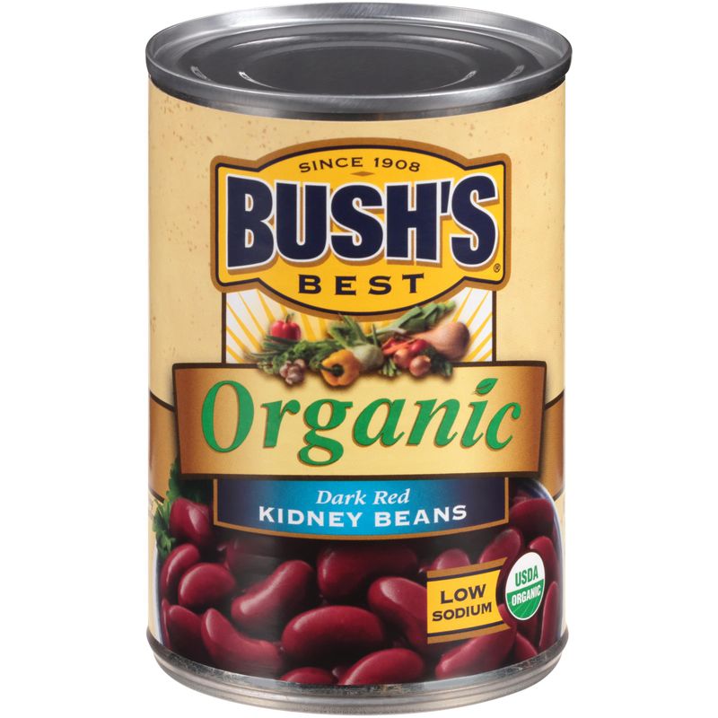 BUSH&#39;S BEST 15 oz Canned Organic Dark Red Kidney Beans, Source of Plant Based Protein and Fiber, Low Fat, Gluten Free, (Pack of 12)