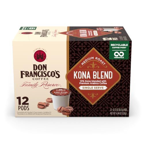 Don Francisco&#39;s Kona Blend Medium Roast K-Cup Coffee Pods, 12 Count - 10% Hawaiian Kona Coffee, Compatible with Keurig Brewers, Recyclable through TerraCycle, Aromatic Single-Serve Pods