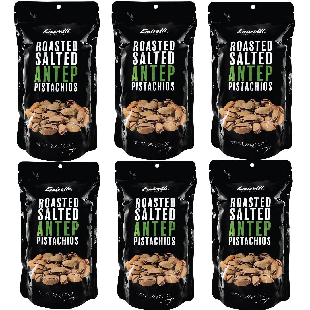Emirelli Turkish Antep Pistachios in Shell, Roasted and Salted Intense Nuts, Non GMO Gluten Free Natural Vegan Healthy Snacks, Remains Fresh with Resealable Bag (Pack of 6)