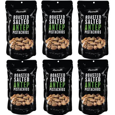 Emirelli Turkish Antep Pistachios in Shell, Roasted and Salted Intense Nuts, Non GMO Gluten Free Natural Vegan Healthy Snacks, Remains Fresh with Resealable Bag (Pack of 6)
