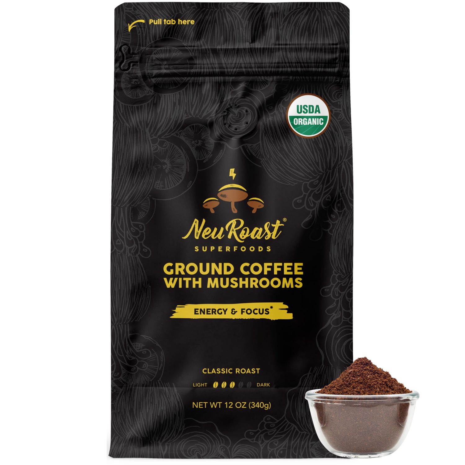 Organic Ground Mushroom Coffee by NeuRoast - Classic Roast | Low Acid, Smooth Taste | Premium Coffee with 5 Mushrooms - Boosts Energy, Focus, &amp; Immunity - Nootropic Blend for Cognitive Support