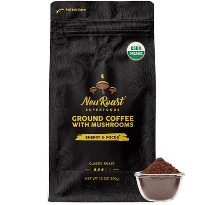 Organic Ground Mushroom Coffee by NeuRoast - Classic Roast | Low Acid, Smooth Taste | Premium Coffee with 5 Mushrooms - Boosts Energy, Focus, &amp; Immunity - Nootropic Blend for Cognitive Support