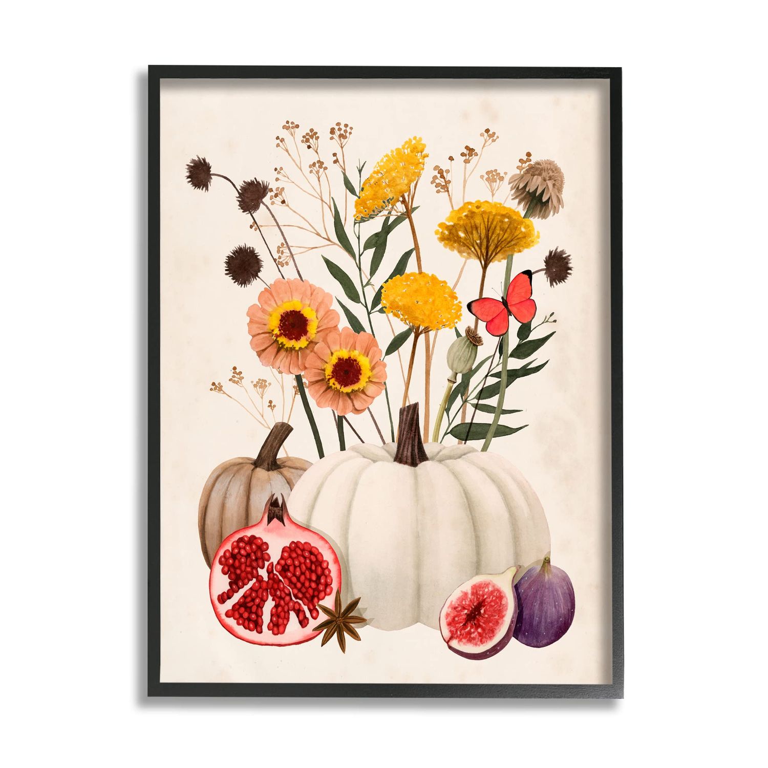 Stupell Industries Autumn Harvest Arrangement Pumpkin Pomegranate Fig Fruits Black Framed Wall Art, 16 x 20, Beige