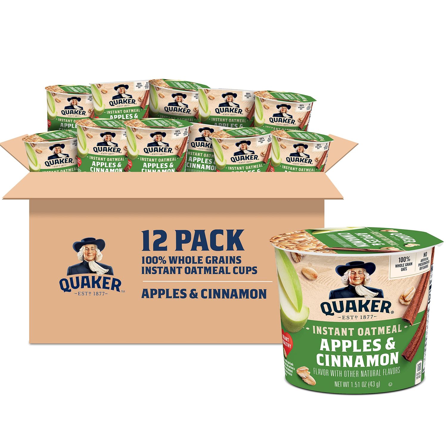 Quaker Instant Oatmeal Express Cups, Apples &amp; Cinnamon, 1.51 Ounce (Pack of 12)