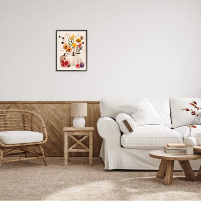 Stupell Industries Autumn Harvest Arrangement Pumpkin Pomegranate Fig Fruits Black Framed Wall Art, 16 x 20, Beige