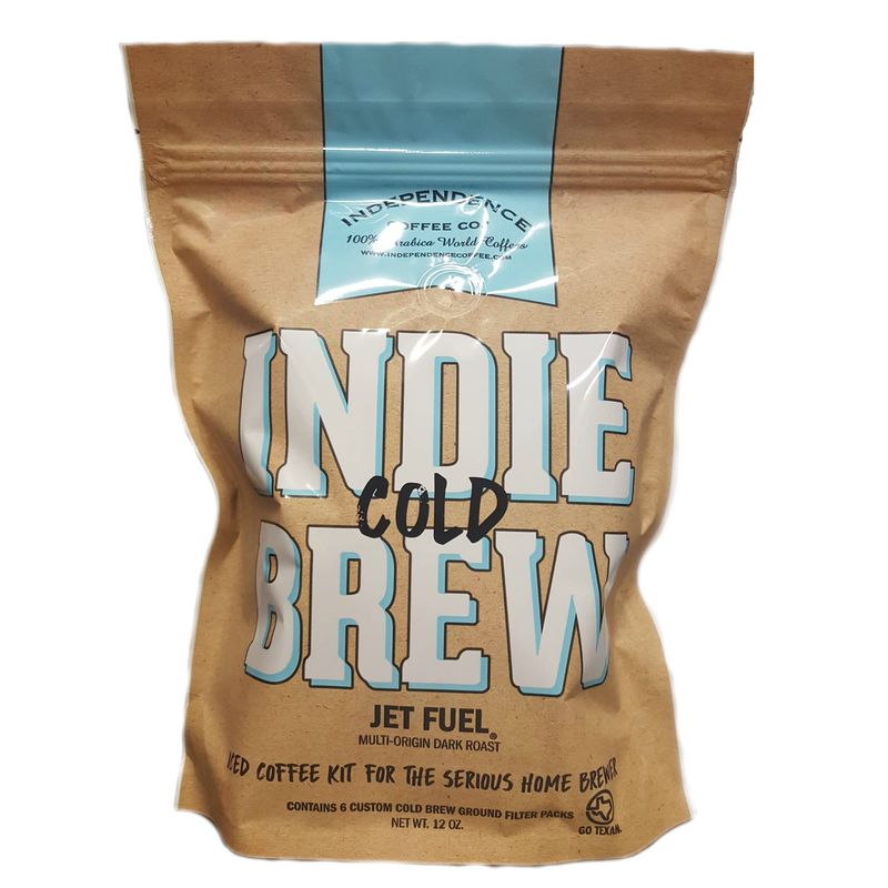 Independence Coffee Co. Indie Cold Brew Iced Coffee Kit, Jet Fuel Intense and Heavy Body, Dark Roast Coffee, 12 Ounce (Contains 6 Custom Cold Brew Ground Filter Packs)
