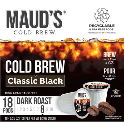 Maud&#39;s Black Cold Brew Dark Roast Coffee Pods, 18 ct | Cold Brew Classic Black Coffee | 100% Arabica Dark Roast Coffee | Solar Energy Produced Recyclable Pods Compatible with Keurig K Cups Maker