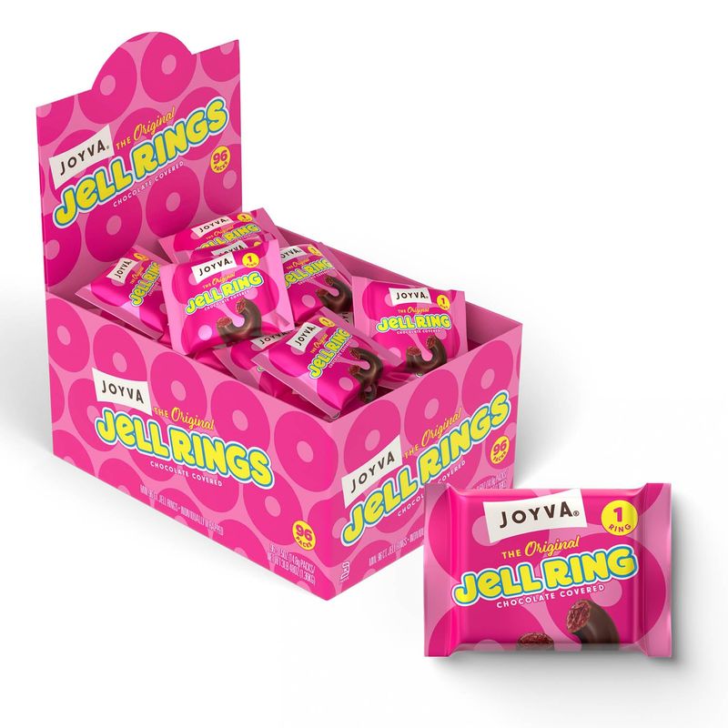 Joyva Original Jell Rings | Box of 96 | Sweet Jell Center with Smooth Dark Chocolate Coating | Kosher Parve | Free of Dairy, Gluten, Soy, and Preservatives