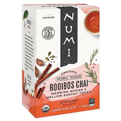 Numi Organic Rooibos Chai Tea, 18 Tea Bags, Red Tea with Cinnamon, Allspice &amp; Ginger, Caffeine Free (Packaging May Vary)