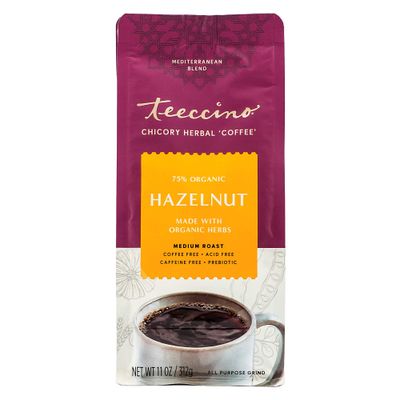 Teeccino Hazelnut Chicory Coffee Alternative - Ground Herbal Coffee Thats Prebiotic, Caffeine Free &amp; Acid Free, Medium Roast, 11 Ounce