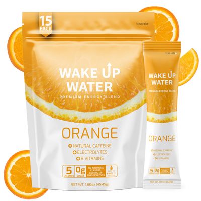 Wake Up Water - Energy + Hydration Sugar Free 15 Packs, Orange Flavor - Energy Drink Powder, Electrolytes Powder Drink, Natural Caffeine Mix Packet, B Vitamins, 5 Calories, Gluten Free - .10 oz (2.9g)