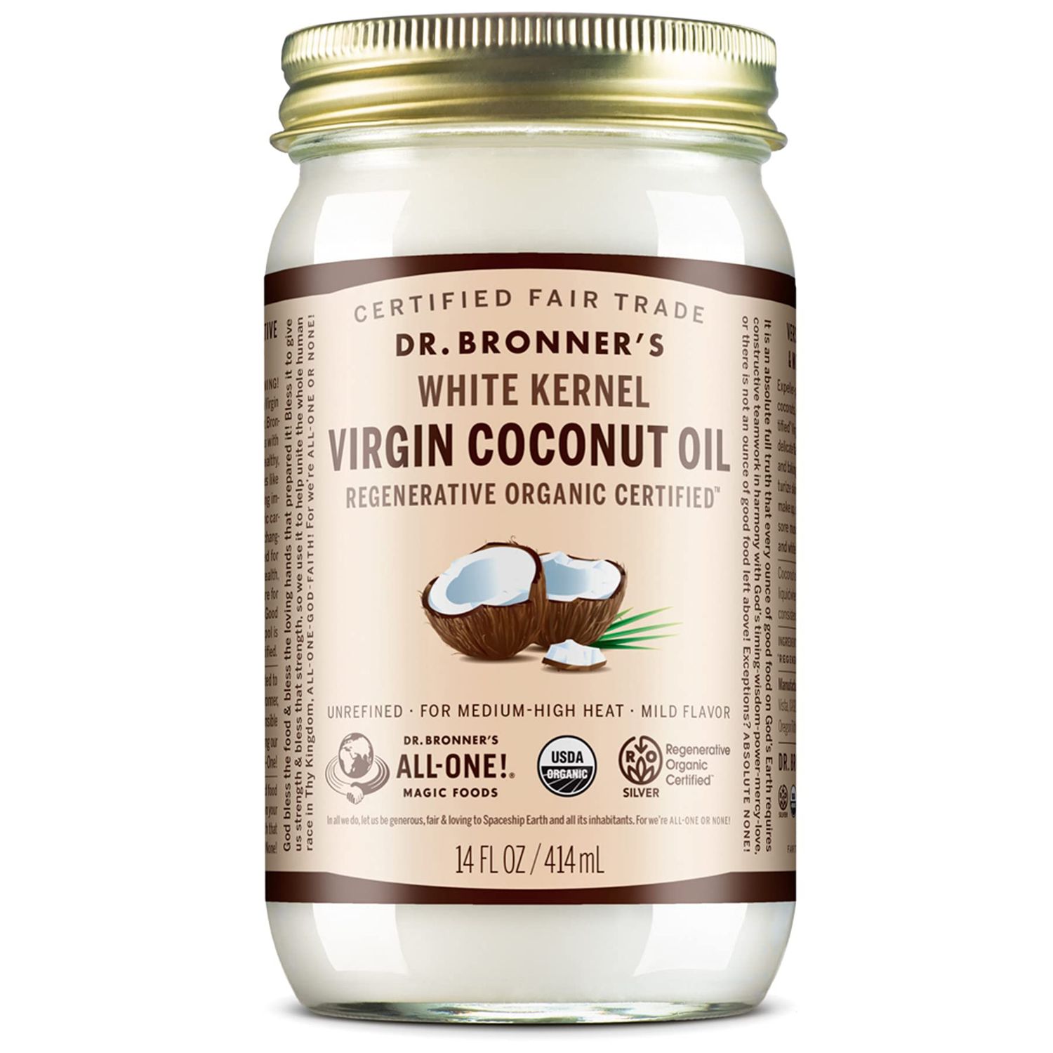 Dr. Bronner&#39;s - Organic Virgin Coconut Oil (White Kernel, 14 ounce) - Coconut Oil for Cooking, Baking, Hair &amp; Body, Unrefined &amp; Fresh-Pressed, Mild Flavor, Versatile, Fair Trade, Vegan, Non-GMO