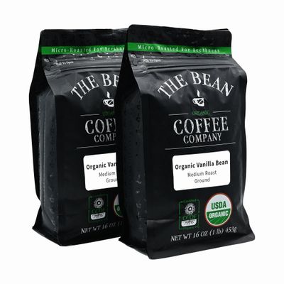 The Bean Organic Coffee Company Vanilla Bean, Medium Roast, Ground Coffee, 16-Ounce Bags (Pack of 2),Caf molido tostado organico