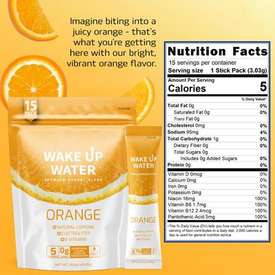 Wake Up Water - Energy + Hydration Sugar Free 15 Packs, Orange Flavor - Energy Drink Powder, Electrolytes Powder Drink, Natural Caffeine Mix Packet, B Vitamins, 5 Calories, Gluten Free - .10 oz (2.9g)