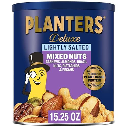 PLANTERS Deluxe Lightly Salted Mixed Nuts, Almonds, Cashews, Brazil Nuts, Pistachios and Pecans, Party Snacks, Plant-Based Protein, Quick Snack for Adults, After School Snack, 15.25oz Canister