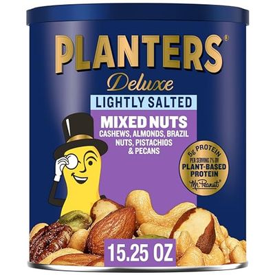 PLANTERS Deluxe Lightly Salted Mixed Nuts, Almonds, Cashews, Brazil Nuts, Pistachios and Pecans, Party Snacks, Plant-Based Protein, Quick Snack for Adults, After School Snack, 15.25oz Canister