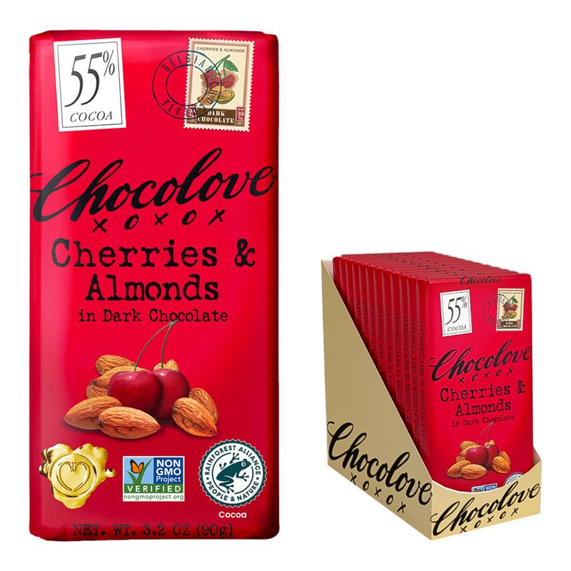 Chocolove Cherry &amp; Almonds Dark Chocolate Bars | 55% Cocoa | Infused with Real Cherries &amp; Crunchy Almonds | Crafted with Premium Belgium Chocolate | 3.2 oz Bar (12 Pack)