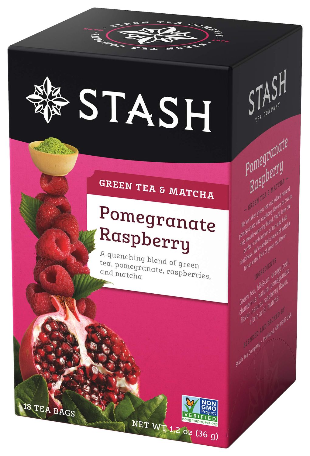 Stash Tea Pomegranate Raspberry &amp; Matcha Green Tea - Caffeinated, Non-GMO Project Verified Premium Tea with No Artificial Ingredients, 18 Count (Pack of 6) - 108 Bags Total