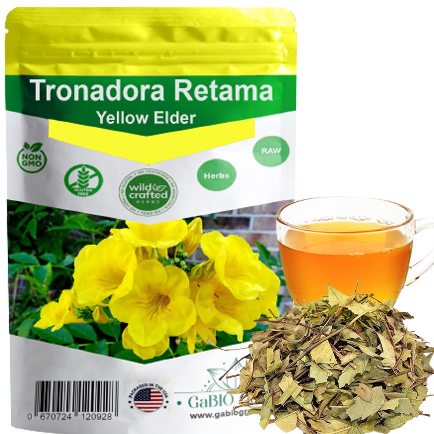 Gabio Green-Tronadora Retama, 4 oz/114 Gr pound gr Premium Quality tronadora tea, resealeble bag, yellow elder herbs, tronadora hierba Non GMo, Resealable bag. 4 oz/ 114 Gr.