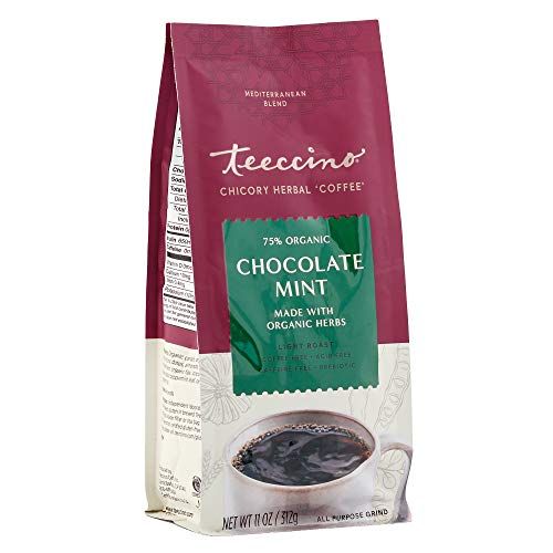 Teeccino Chicory Coffee Alternative - Chocolate Mint - Ground Herbal Coffee Thats Prebiotic, Caffeine Free &amp; Acid Free, Light Roast, 11 Ounce