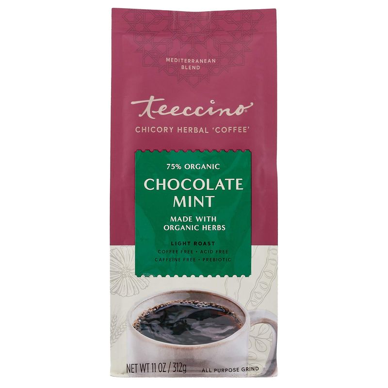 Teeccino Chicory Coffee Alternative - Chocolate Mint - Ground Herbal Coffee Thats Prebiotic, Caffeine Free &amp; Acid Free, Light Roast, 11 Ounce