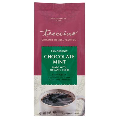 Teeccino Chicory Coffee Alternative - Chocolate Mint - Ground Herbal Coffee Thats Prebiotic, Caffeine Free &amp; Acid Free, Light Roast, 11 Ounce