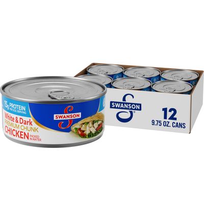 Swanson White and Dark Premium Chunk Canned Chicken Breast in Water, Fully Cooked Chicken, 9.75 OZ Can (Case of 12)