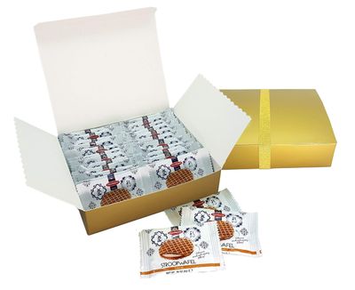 Tasty Kitchen Gift Box of Dutch Mini Caramel Stroopwafels Single Pack 24 Pieces in Gold Gift Box