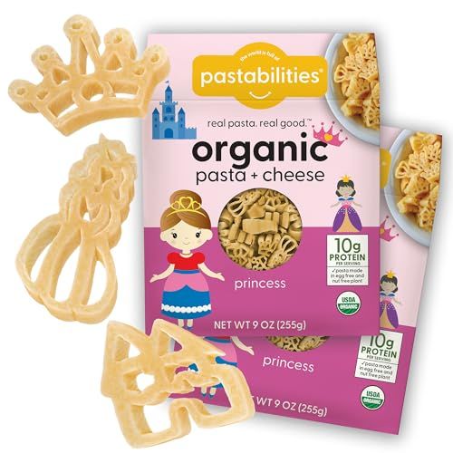 Pastabilities Organic Pasta Mac and Cheese for Kids - Princess Shaped - Princess, Castle, &amp; Crown Fun Theme, Non-GMO Natural Wheat Pasta, with Cheddar Cheese Powder, Made in the USA, (2 Pack, 9 oz)