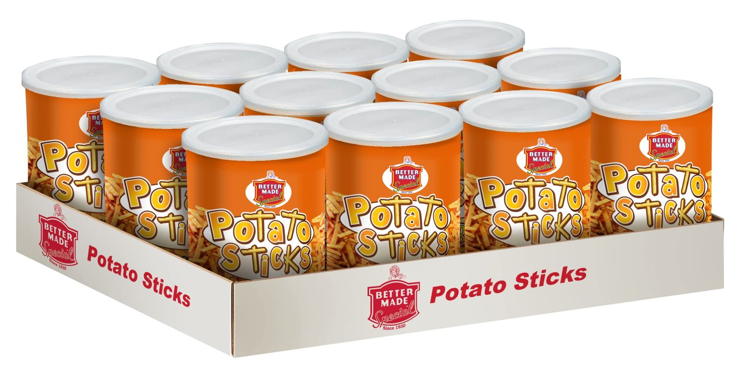 Better Made Potato Sticks 5oz Canister - (Sweet BBQ, 12 Can Tray) Shoestring Potato Sticks - Gluten Free - Crunchy, Crispy Snack from Fresh Potatoes - Resealable Lid