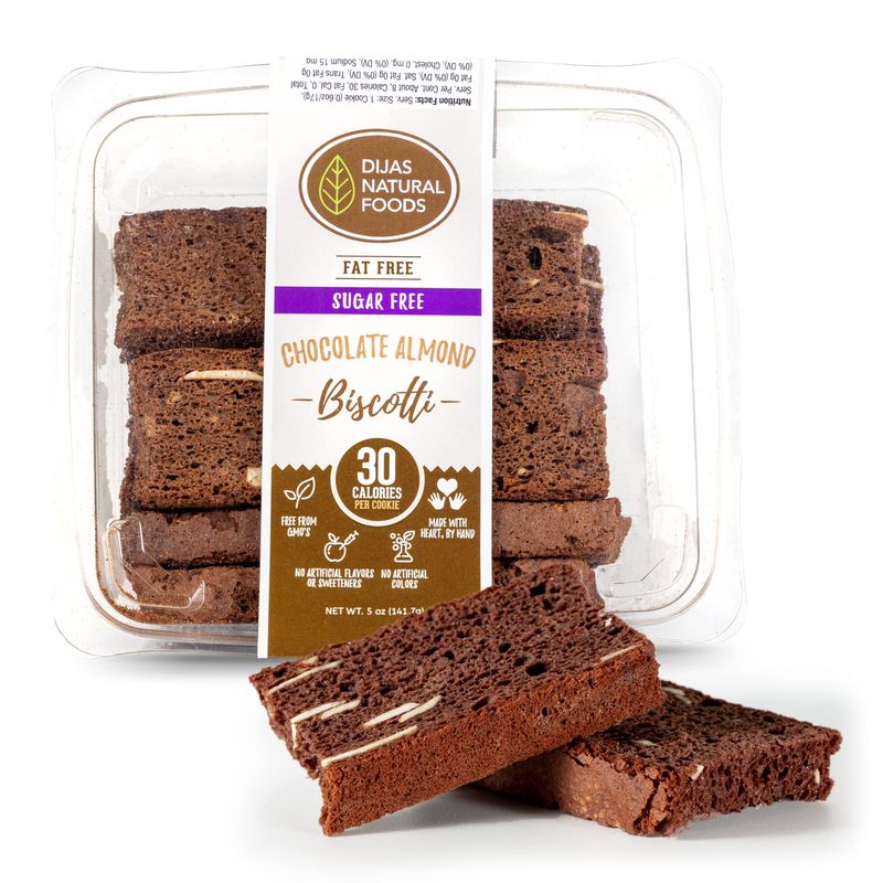 DIJAS Natural Foods, Crunchy Sugar-Free Biscotti Cookie, All Natural, Fat Free, Preservative Free Ingredients, Delicious Low Calorie Snack (5 Ounces, Chocolate Almond)