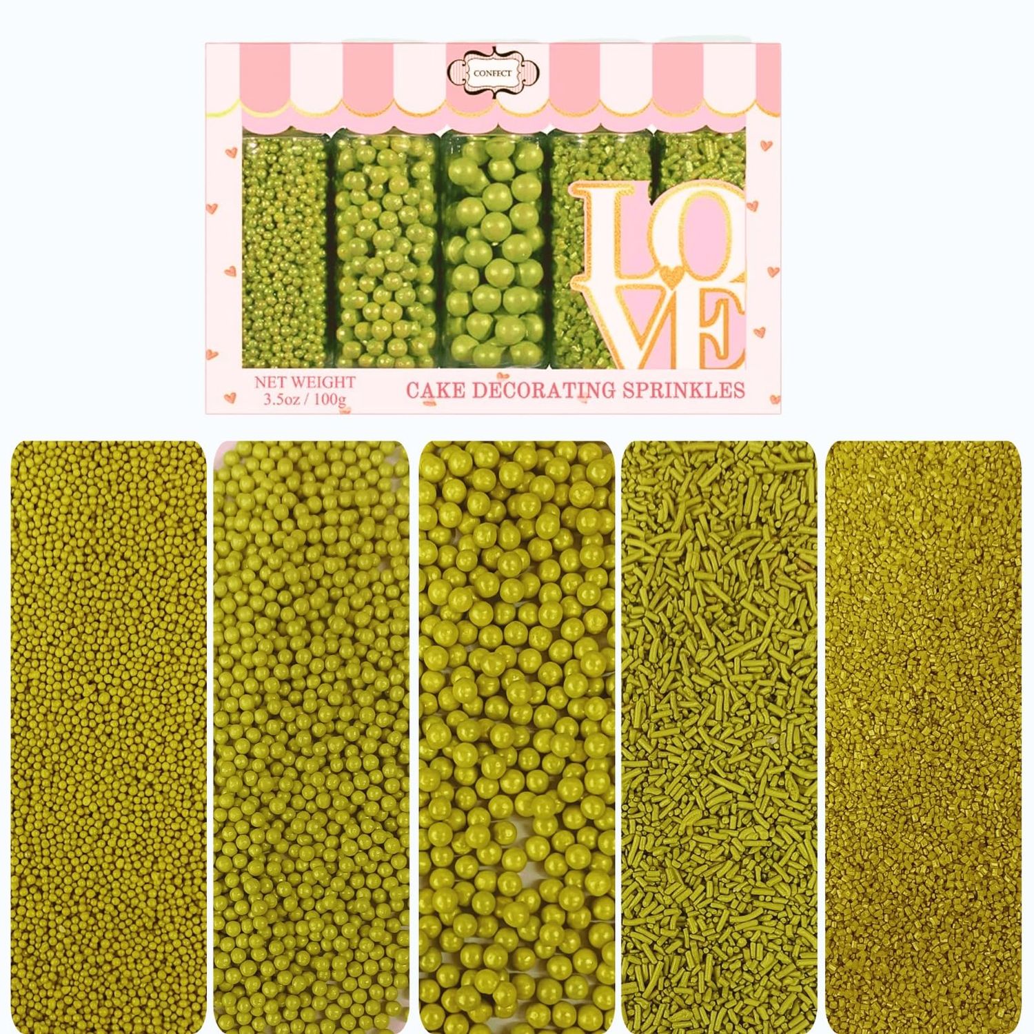 Confect Sprinkles for Cakes &amp; Cupcakes Decoration | Assorted Pack of 5 Christmas Brunch Lime Green Sprinkles | Celebration Sprinkles | Mix Dragees, Jimmies &amp; Sparkling Sugar - 3.5 Oz
